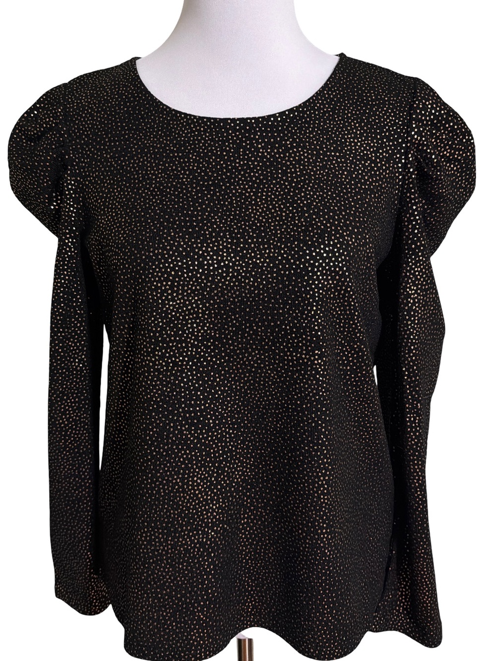 Adrianna Papell Black Metallic Dot Puff-Sleeve Blouse